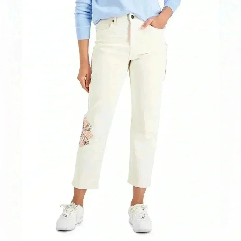 NWT Style & Co Floral Flower Patch Mid Rise Straight Leg Mom Jeans Sz 12